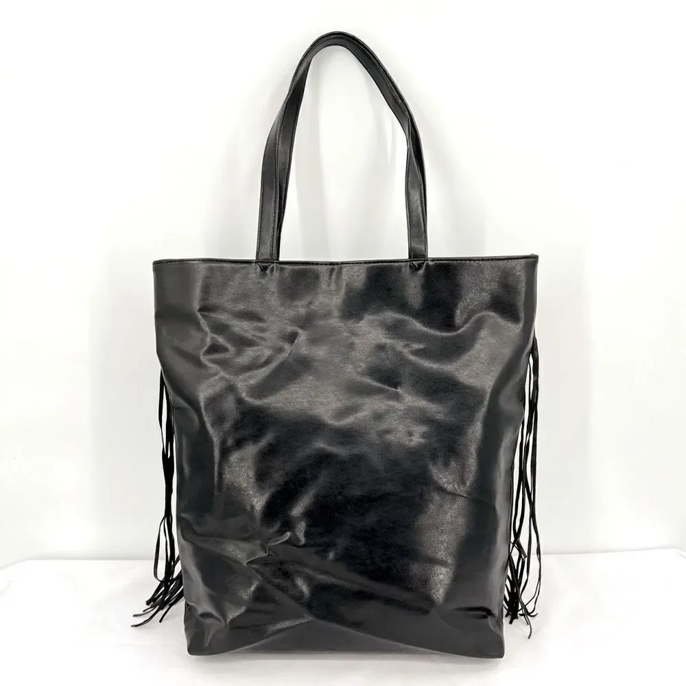 Victorias Secret Boho Fringe Limited Edition Black Faux Leather Large Tote Bag
